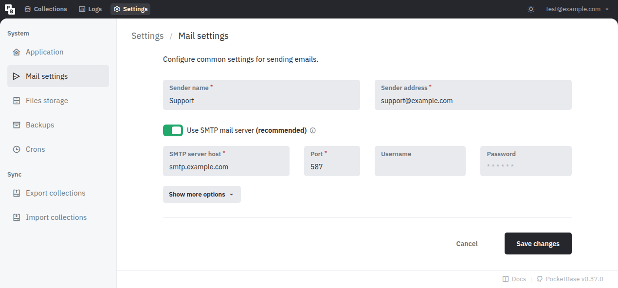 SMTP settings screenshot